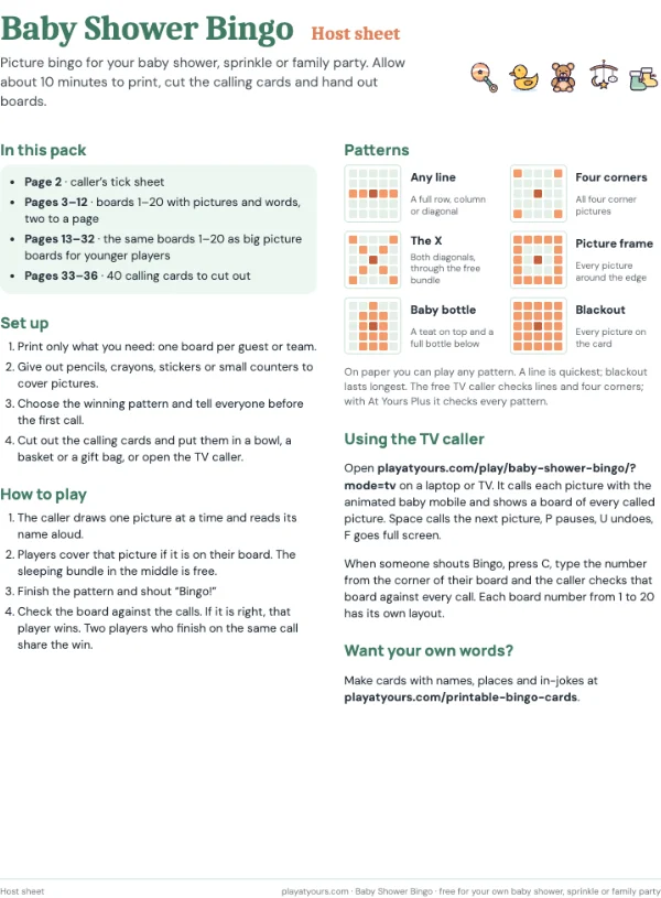The one-page host sheet: a real page from the free Baby Shower Bingo printable