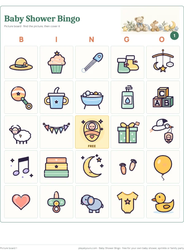 The picture-led board for younger players: a real page from the free Baby Shower Bingo printable