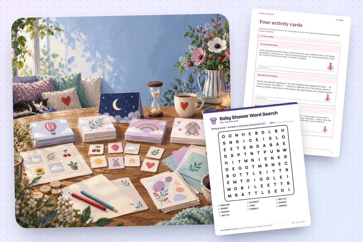 Baby shower games from At Yours: A Little Celebration’s illustrated cards, one of its activity pages and the printable baby shower word search