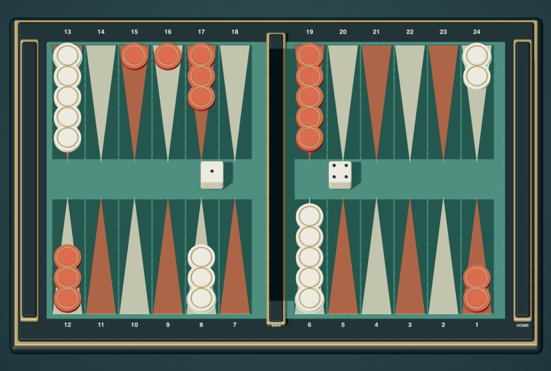 Ivory and coral backgammon checkers on a teal 3D board