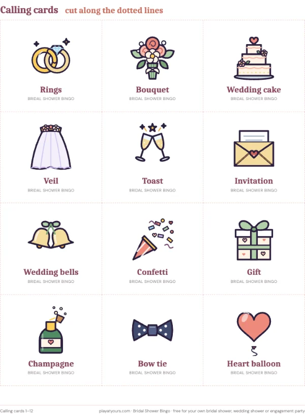Cut-out calling cards for the host: a real page from the free Bridal Shower Bingo printable