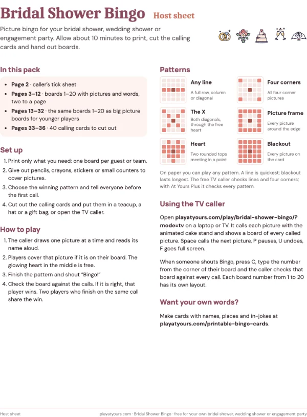 The one-page host sheet: a real page from the free Bridal Shower Bingo printable