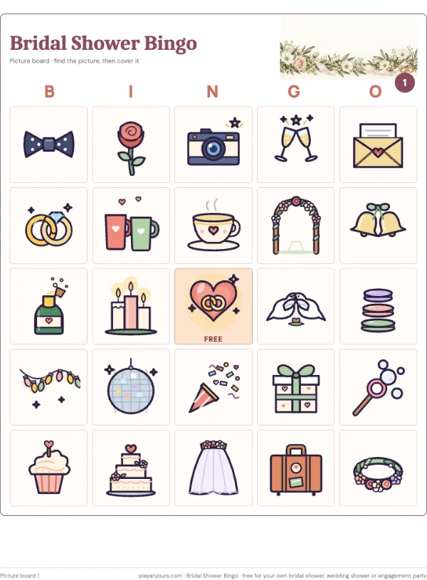 The picture-led board for younger players: a real page from the free Bridal Shower Bingo printable