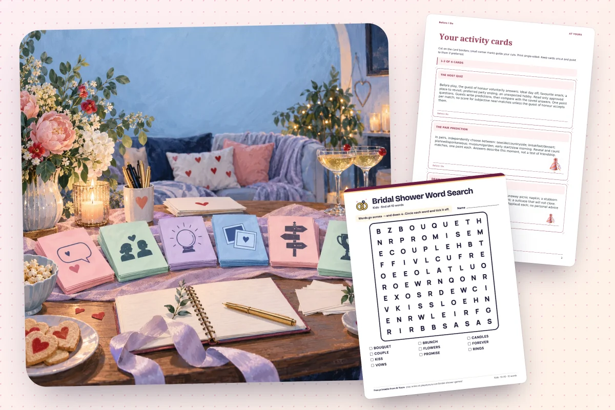 Bridal shower games from At Yours: Before I Do’s illustrated cards, one of its activity pages and the printable bridal shower word search