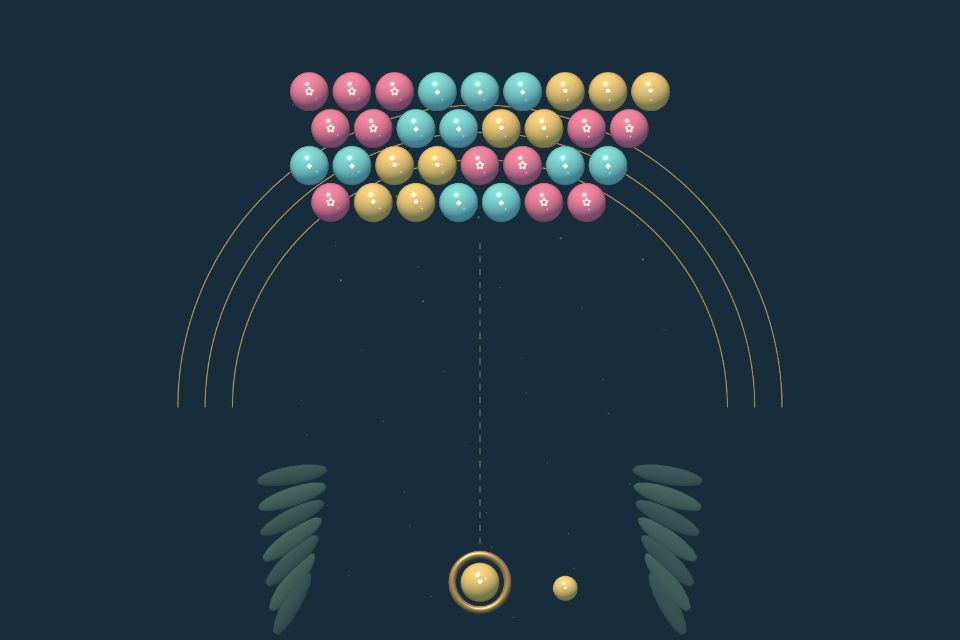Bubble Shooter opening board with colored clusters, an aiming guide and a bubble launcher