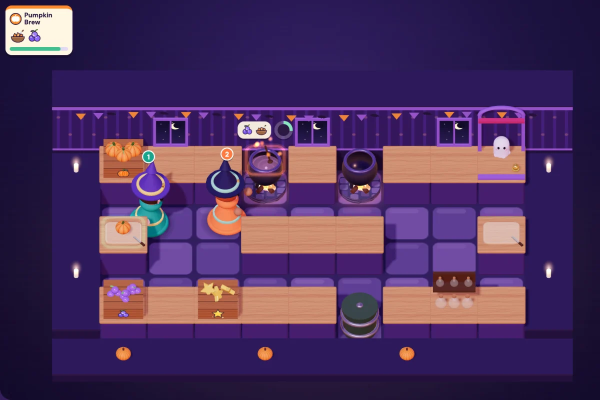 Two little witches in a purple 3D kitchen: one stirs a cauldron for a Pumpkin Brew while the other stands by a chopping board with a pumpkin on it, under a Pumpkin Brew order ticket