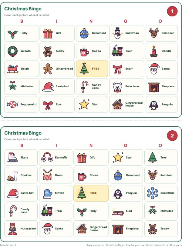 Numbered boards 1 and 2, two to a page: a real page from the free Christmas Bingo printable