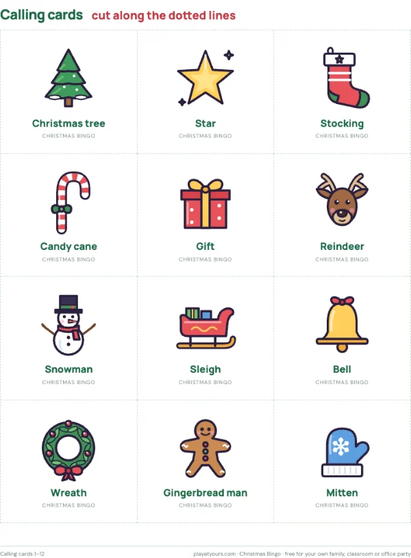 Cut-out calling cards for the host: a real page from the free Christmas Bingo printable