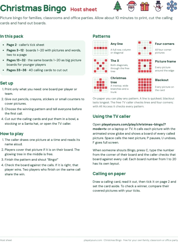 The one-page host sheet: a real page from the free Christmas Bingo printable