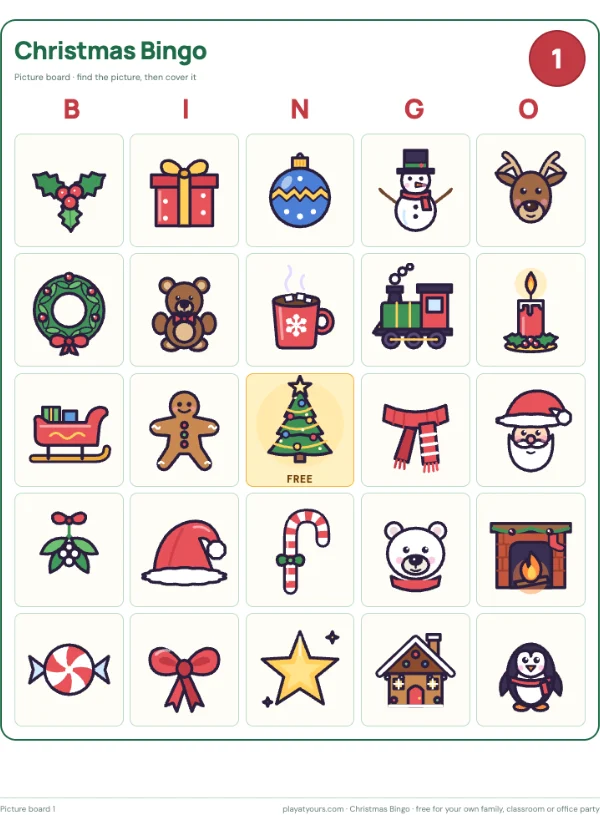 The picture-led board for younger players: a real page from the free Christmas Bingo printable