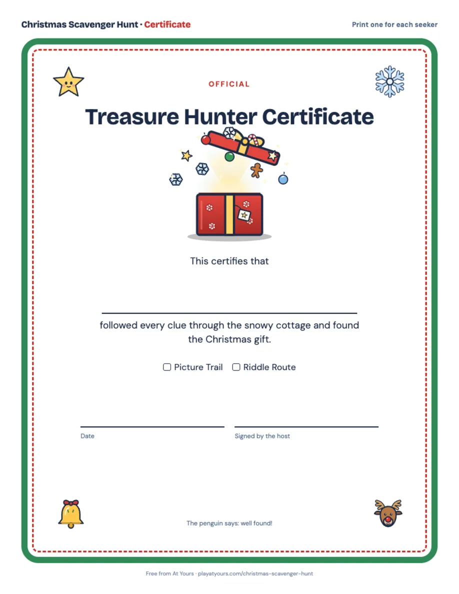 A Christmas certificate for treasure hunters with space for names
