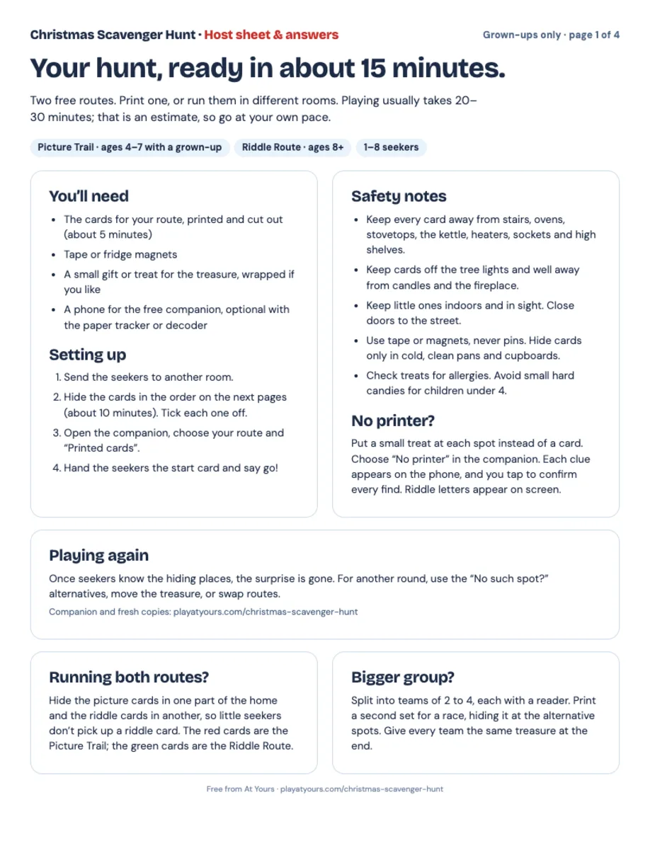 Christmas host sheet with preparation time, safety notes and both routes at a glance