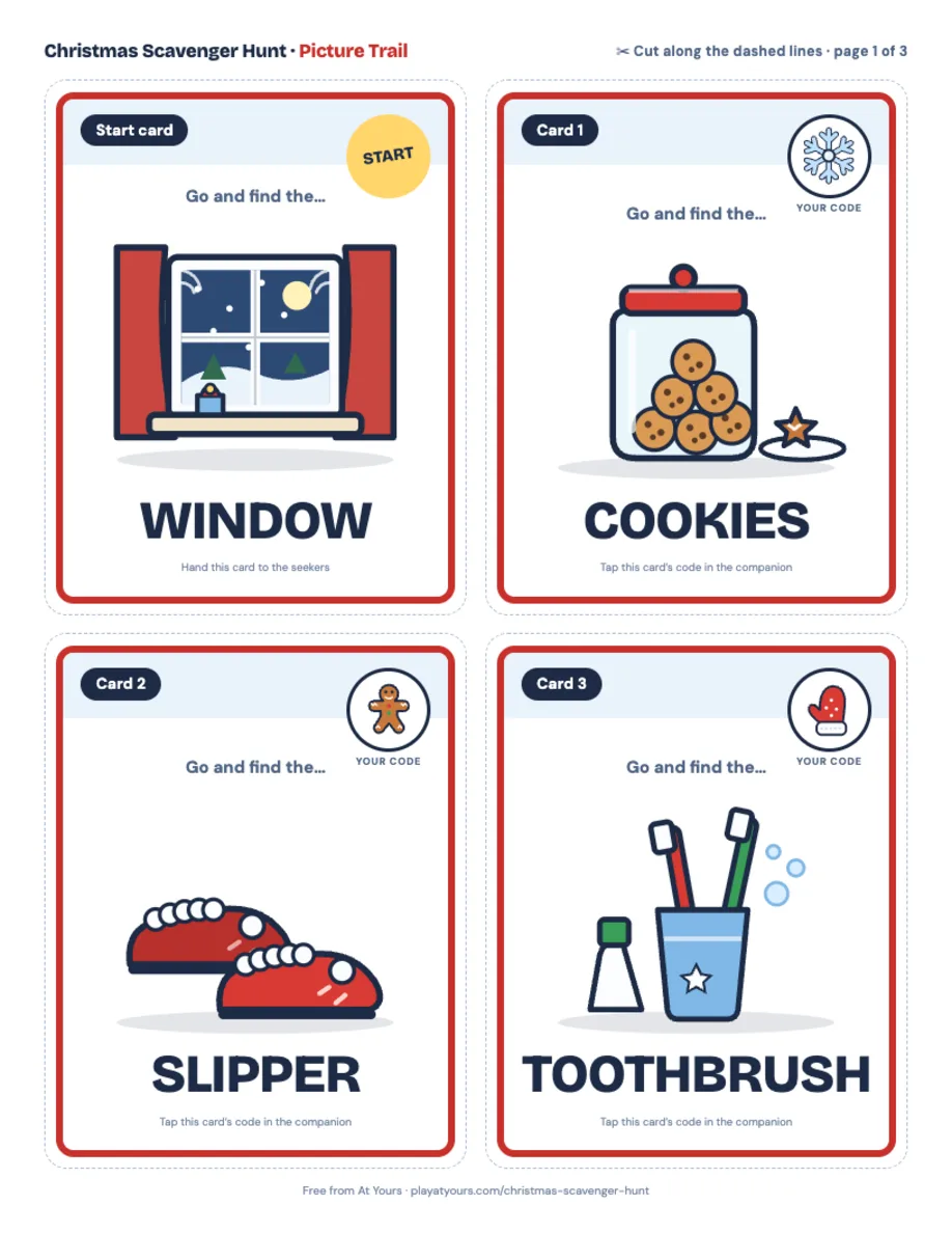 Printable Christmas Picture Trail page: four cut-out cards with big pictures of a window, a cookie jar, a pair of slippers and a toothbrush cup, each with a little Christmas picture code