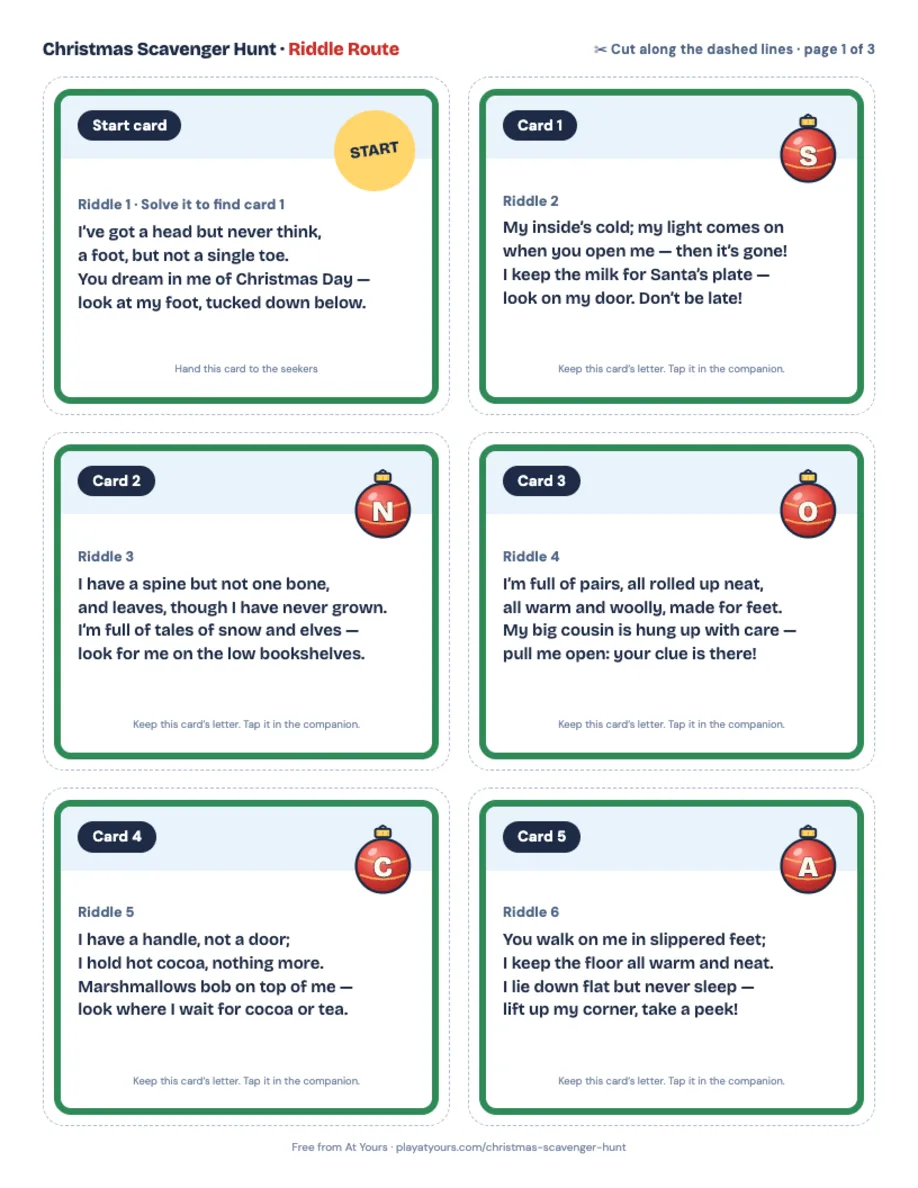 Printable Christmas Riddle Route page: six cut-out cards, each with a rhyming riddle and a lettered bauble