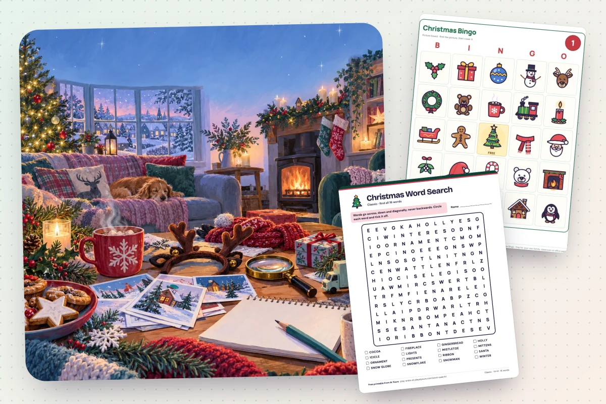 Christmas party games from At Yours: House Party: Christmas, a printable Christmas Bingo board and the printable Christmas word search