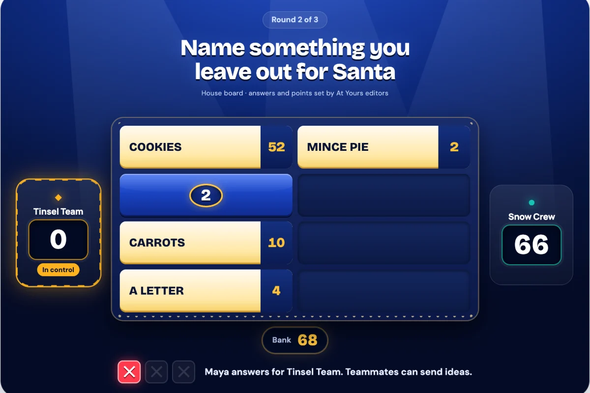 A Christmas board in play in Top Answers: “Name something you leave out for Santa”, with four answers flipped and their points, a strike, the bank and both team scores