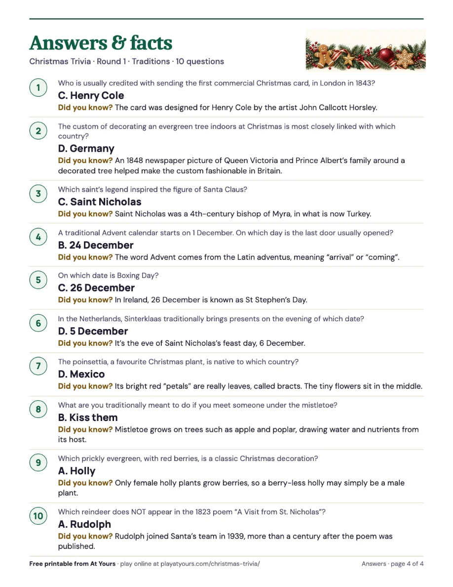 The printable Christmas Trivia answer sheet, with each answer and its did-you-know fact