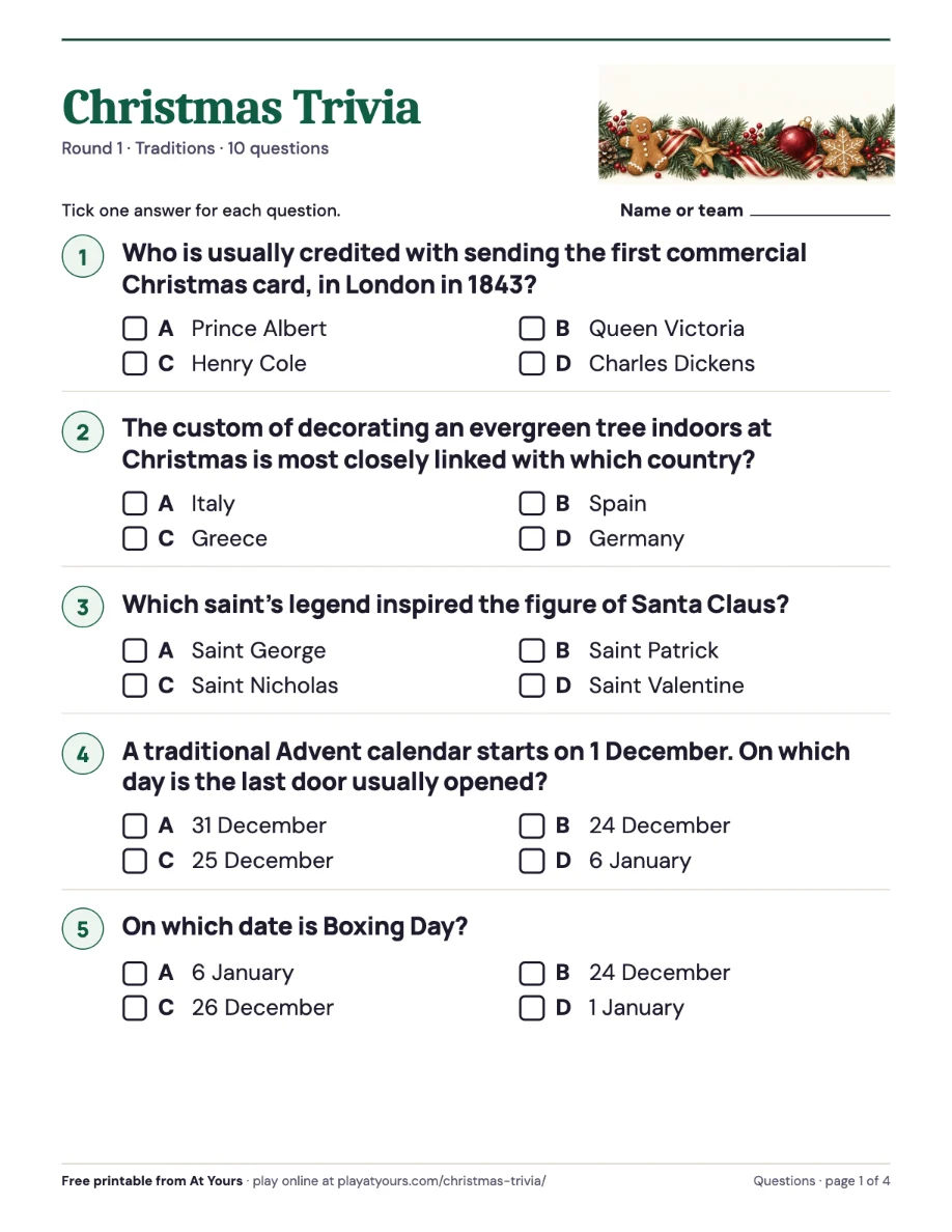 The printable Christmas Trivia question sheet: large-print questions with four lettered answers and tick boxes