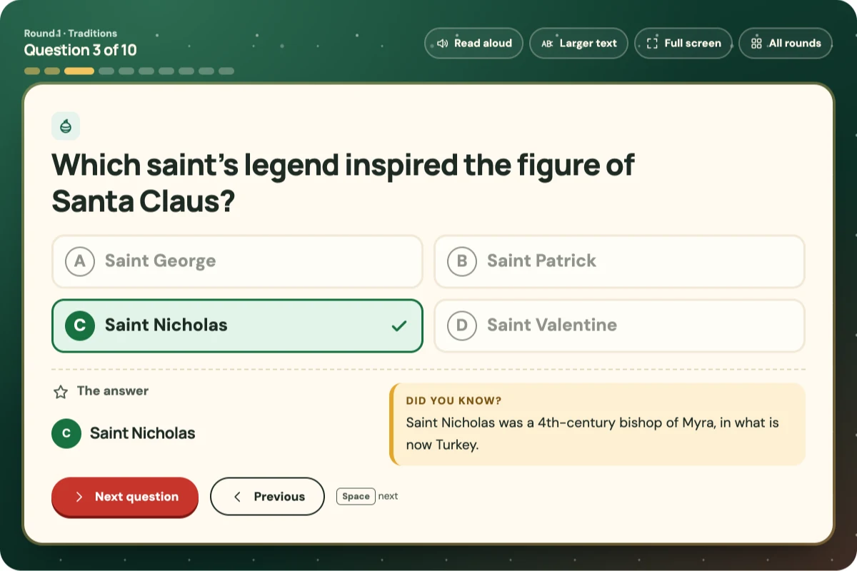 Christmas Trivia in TV host mode: a large question with four lettered answers, the correct one revealed, and a did-you-know fact