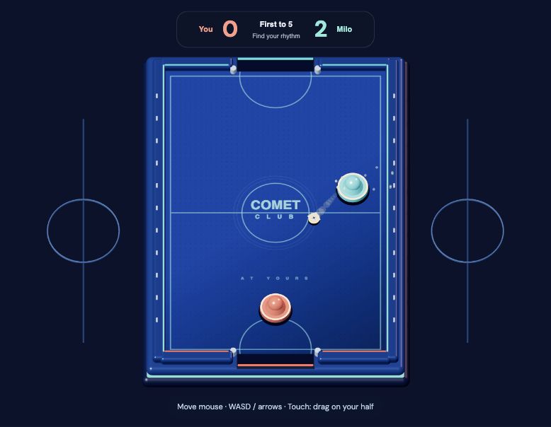 Comet Club’s illuminated 3D air-hockey table with coral and turquoise paddles