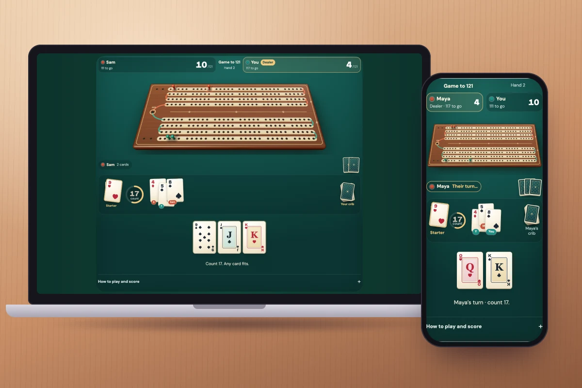 Cribbage played by two people in one private room: the 3D pegboard on a laptop and the partner’s own hand on a phone