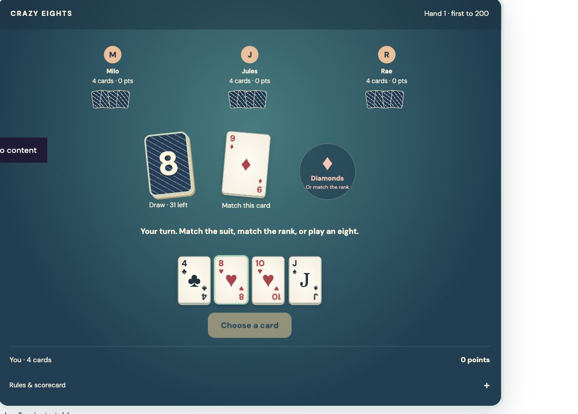Crazy Eights table with a wild eight, a declared suit and a private hand