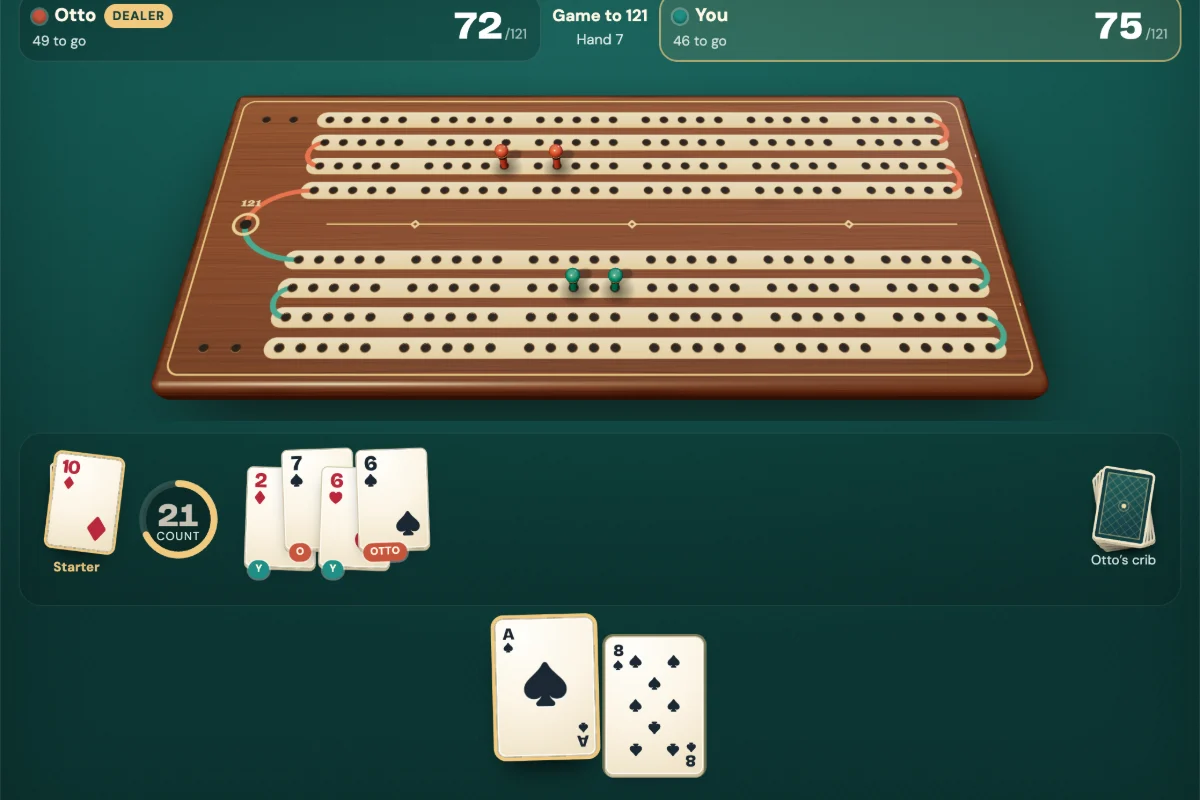 A cribbage game in progress: teal and red pegs in the 70s on a walnut pegboard, the count at 21 on green felt and the ace of spades lifted to play