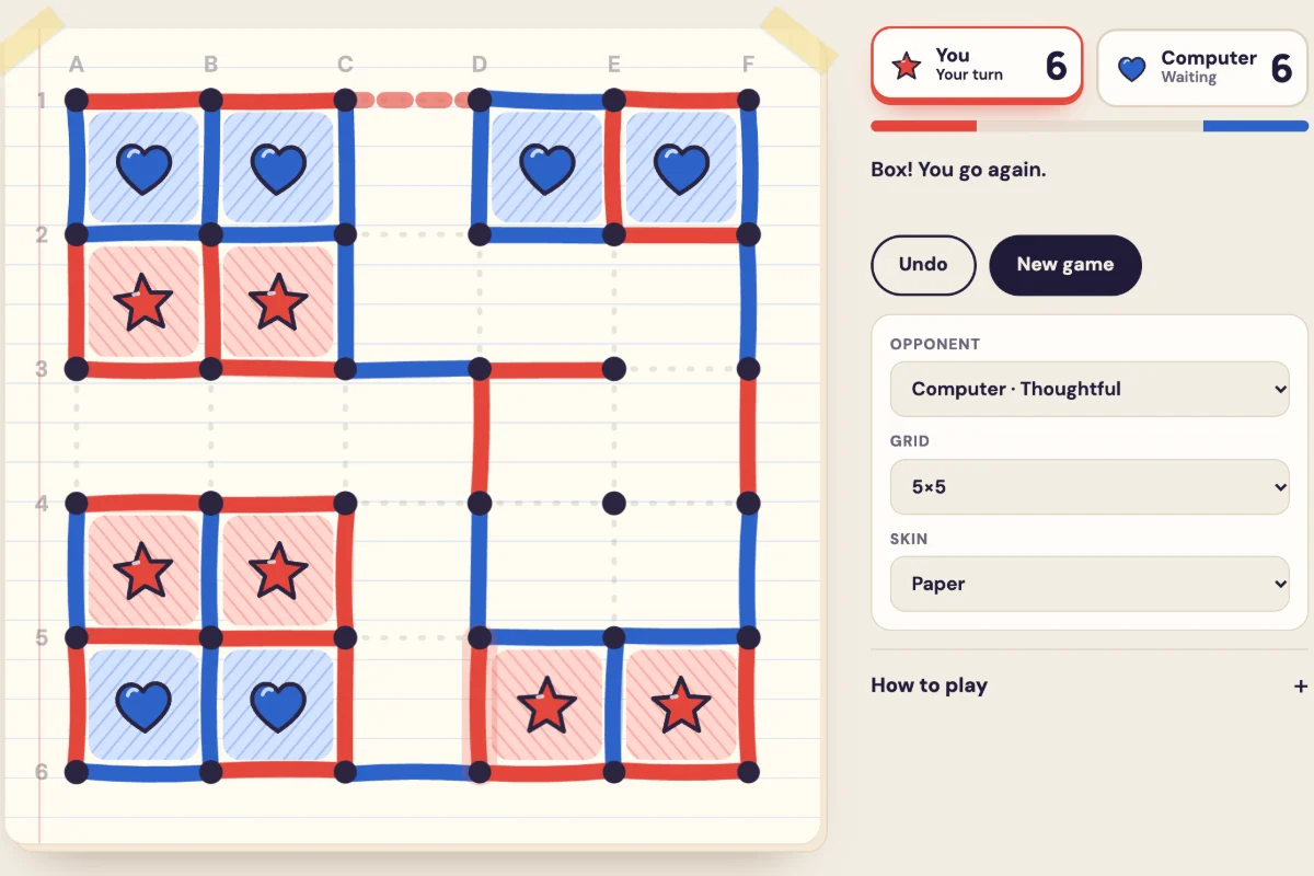 A Dots and Boxes game in progress: ink lines between dots, with boxes claimed by coral stars and blue hearts