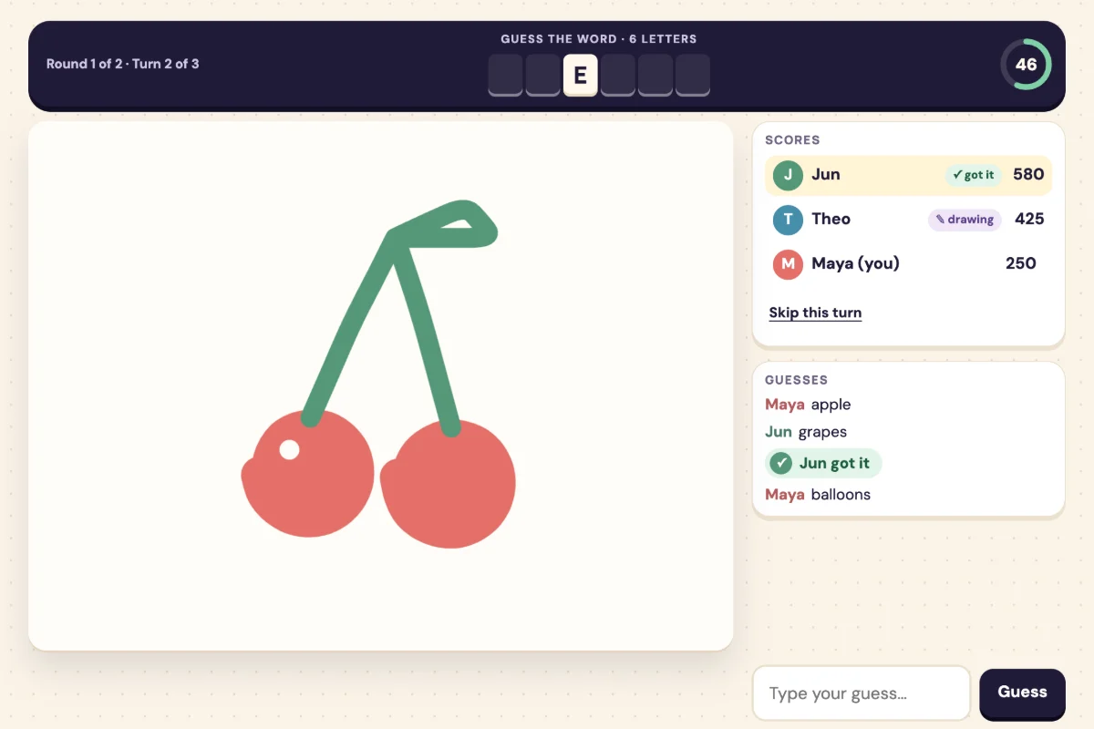 Draw & Guess gameplay: a live drawing of two cherries, a revealed letter hint, scores and guesses arriving in the feed