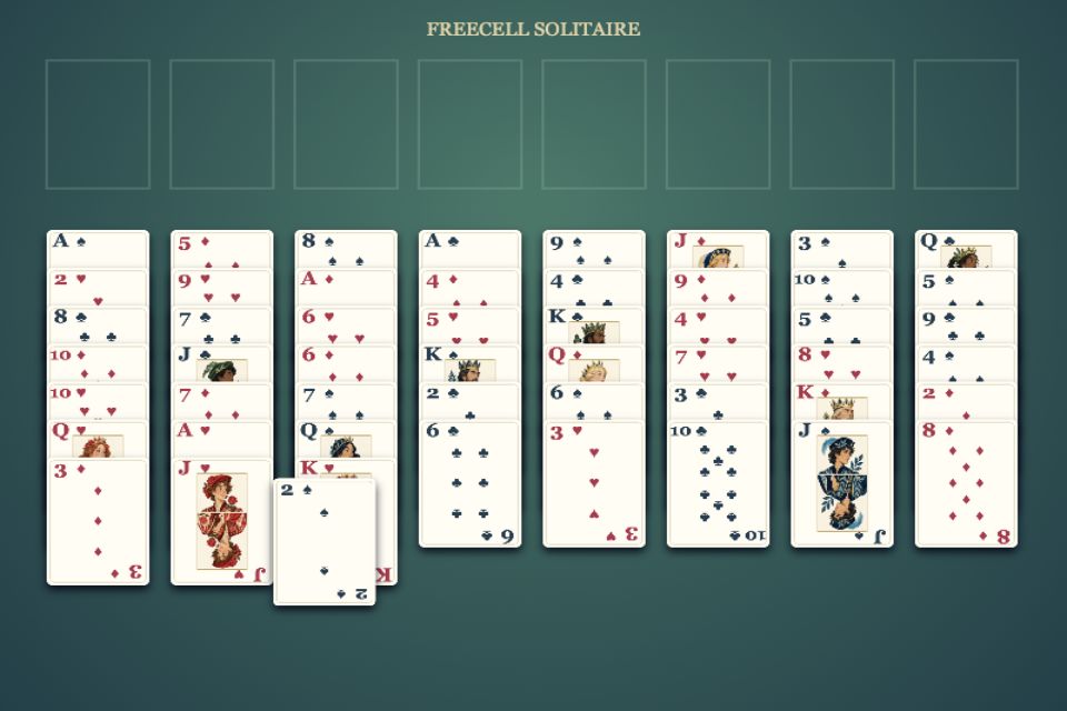 FreeCell Solitaire table with eight open columns, four free cells and four foundations
