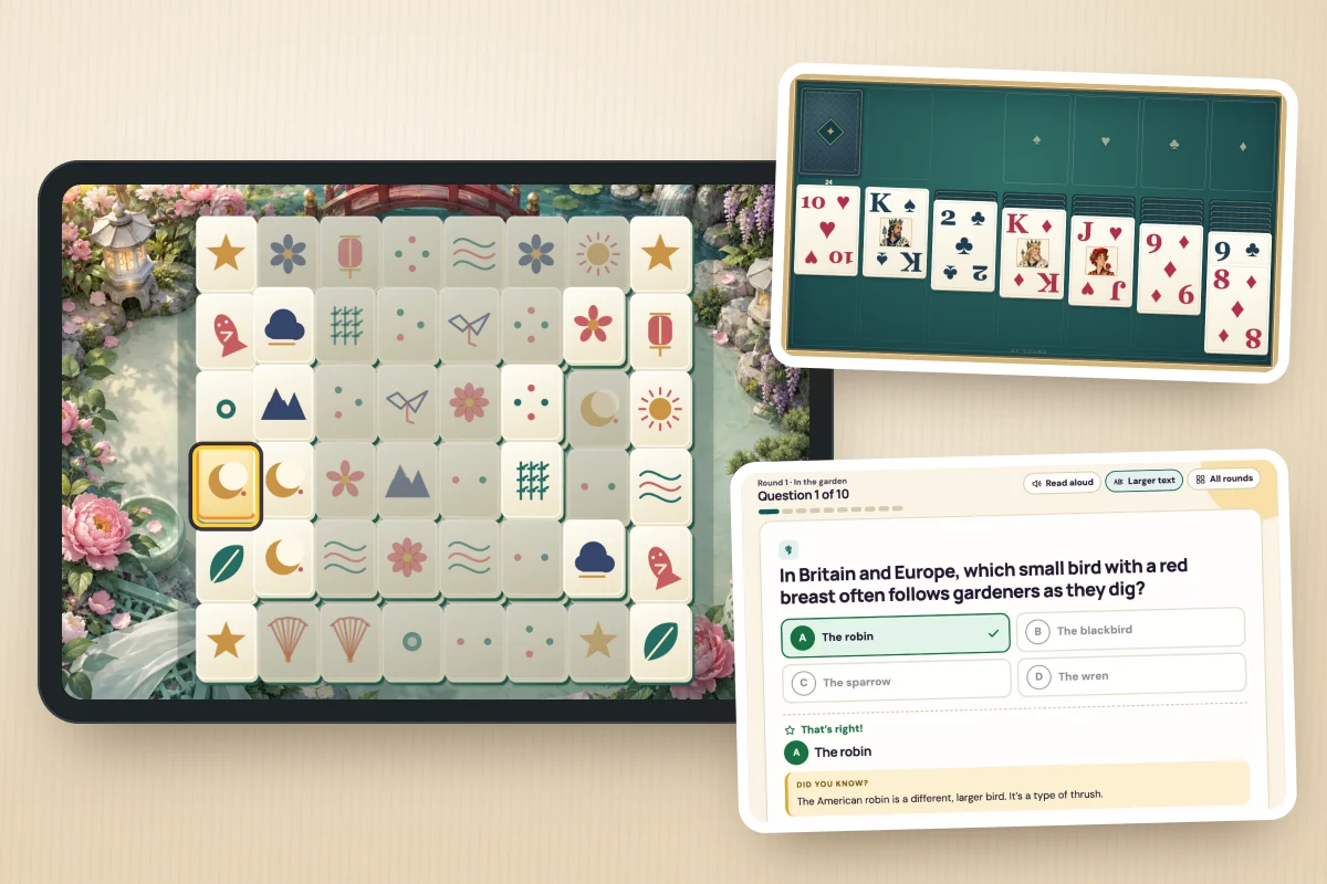 Games for seniors at At Yours: Mahjong Solitaire tiles, a Klondike Solitaire table with large card corners, and a large-print trivia question