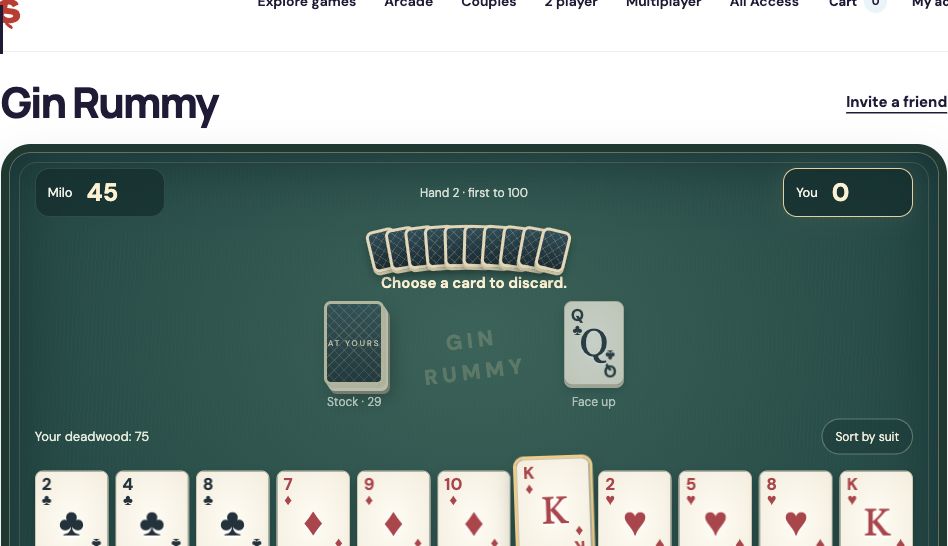 Gin Rummy table showing a private hand, stock and discard piles, deadwood count and a selected card