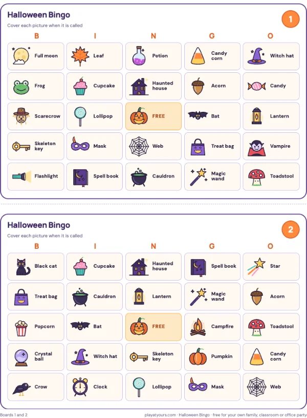 Numbered boards 1 and 2, two to a page: a real page from the free Halloween Bingo printable