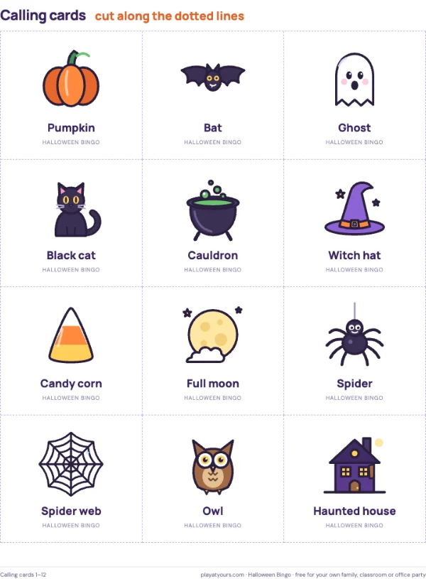 Cut-out calling cards for the host: a real page from the free Halloween Bingo printable