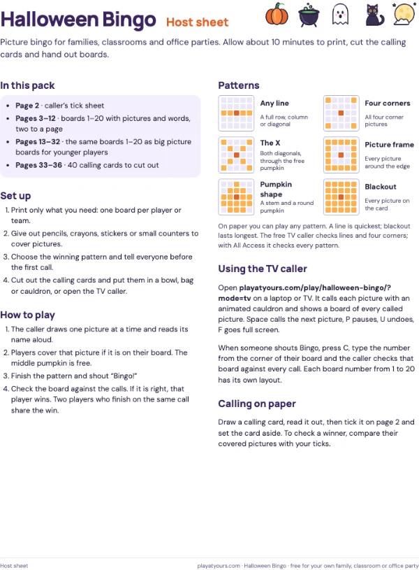 The one-page host sheet: a real page from the free Halloween Bingo printable