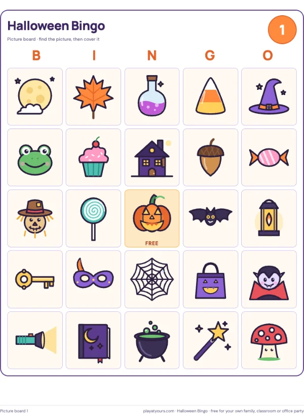 The picture-led board for younger players: a real page from the free Halloween Bingo printable