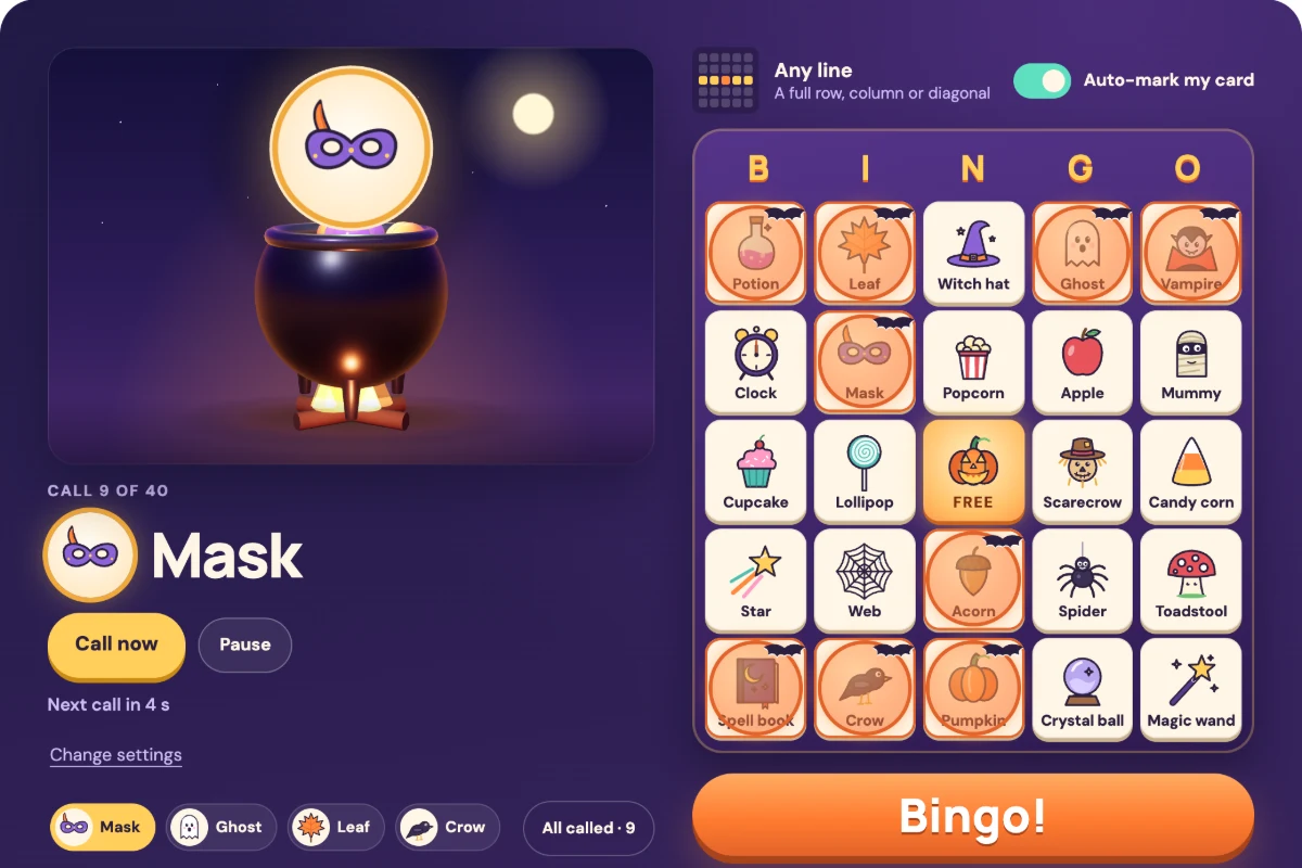 Halloween Bingo gameplay: a glowing cauldron caller beside a picture card with daubed pumpkins, bats and ghosts