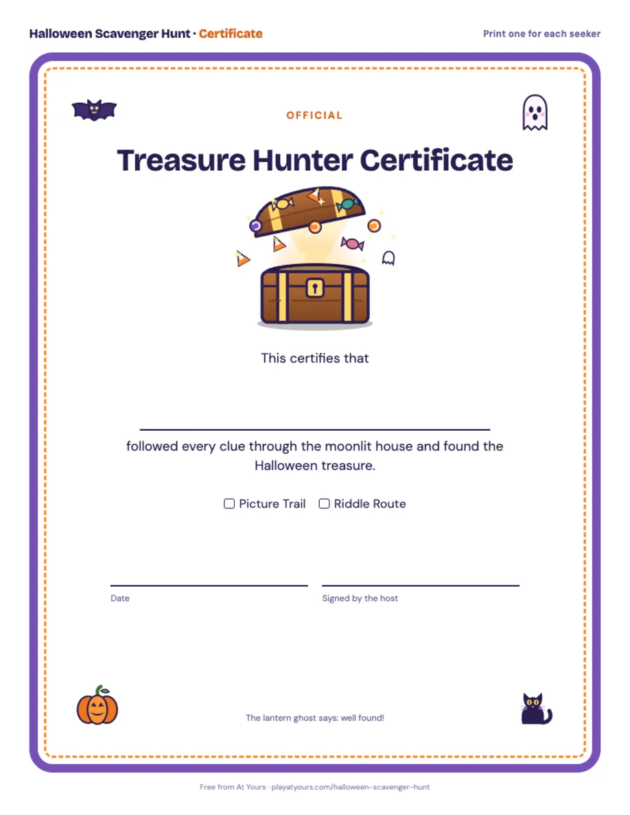A certificate for treasure hunters with space for names