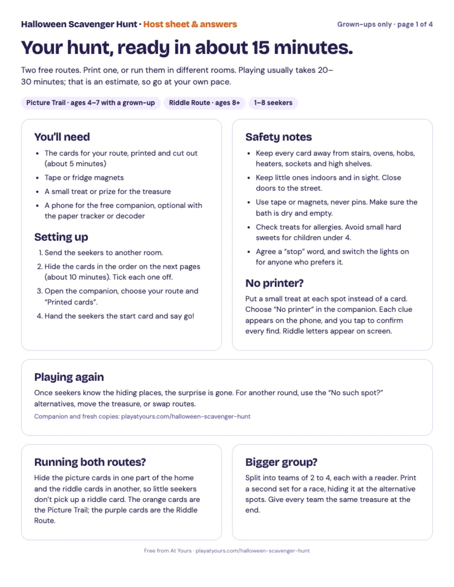 Host sheet with preparation time, safety notes and a numbered hiding order