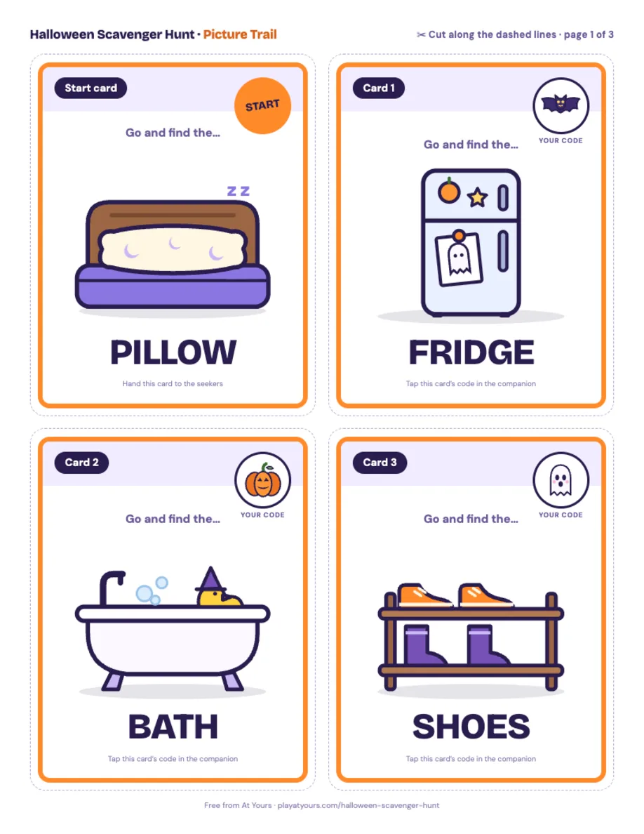 Printable Picture Trail page: four cut-out cards with big pictures of a pillow, a fridge, a bath and shoe rack, each with a little Halloween picture code