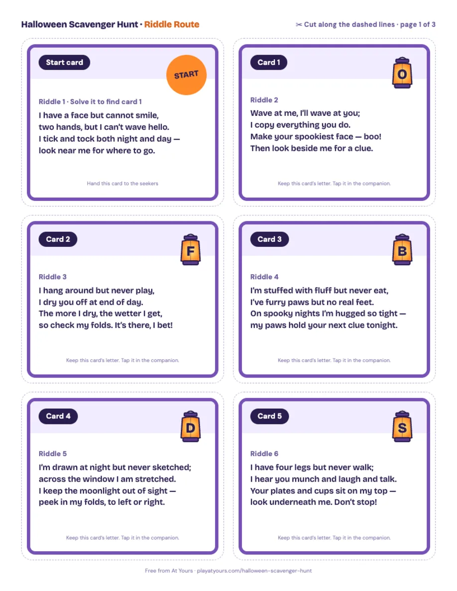 Printable Riddle Route page: six cut-out cards, each with a rhyming riddle and a lettered lantern