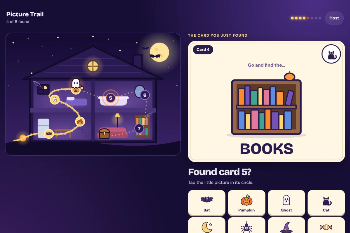 The free companion on a phone: a moonlit map of a little haunted house, a picture clue card and big picture-code buttons