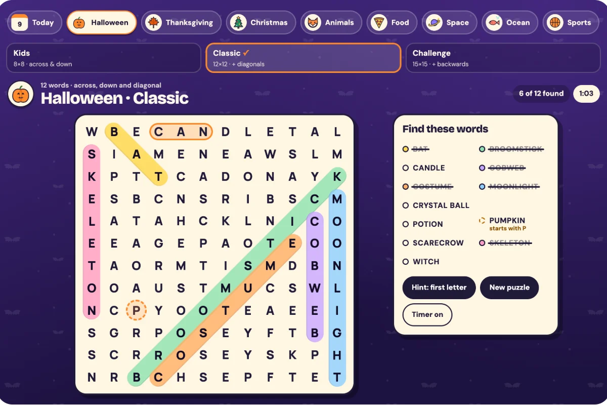 The Halloween word search online: a pumpkin-orange theme, highlighted words and a word list being ticked off
