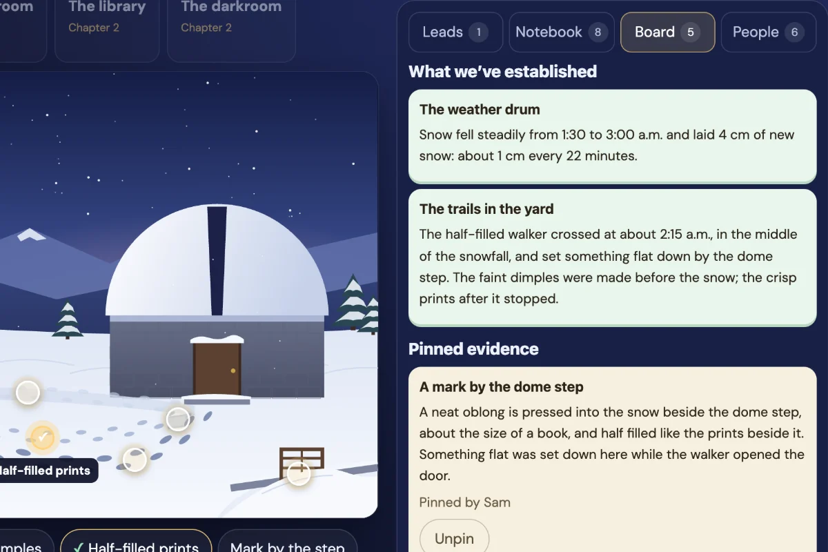 The shared case board with pinned evidence and the accusation