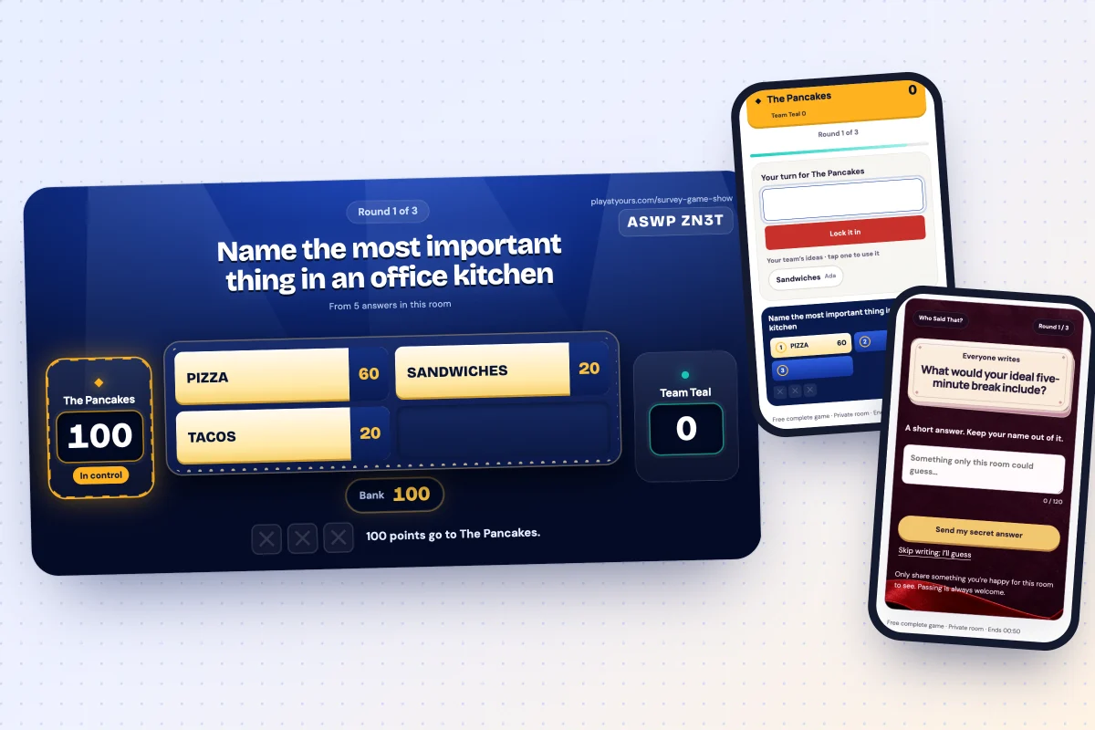 Icebreaker games from At Yours: a Top Answers board from an office survey, one player’s phone during their team’s turn, and a Who Said That? prompt on another phone