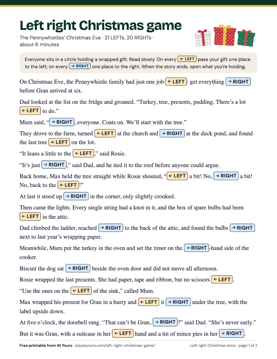 The first page of the printable story, with LEFT and RIGHT in bold capitals