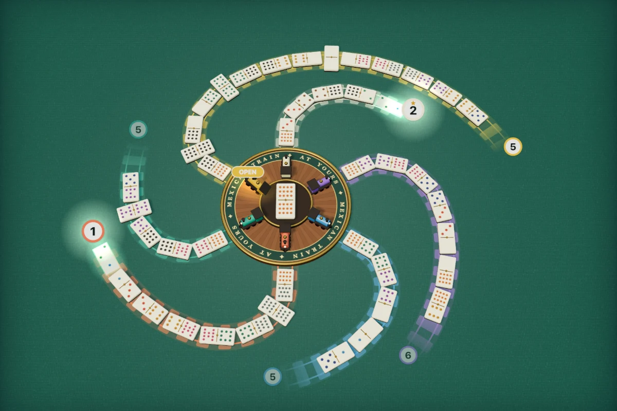 A Mexican Train dominoes game in progress: coloured trains of double-twelve tiles sweep out of a wooden station with the double-twelve engine in the middle, a tipped-up locomotive marks an open train, and numbered badges show each open end