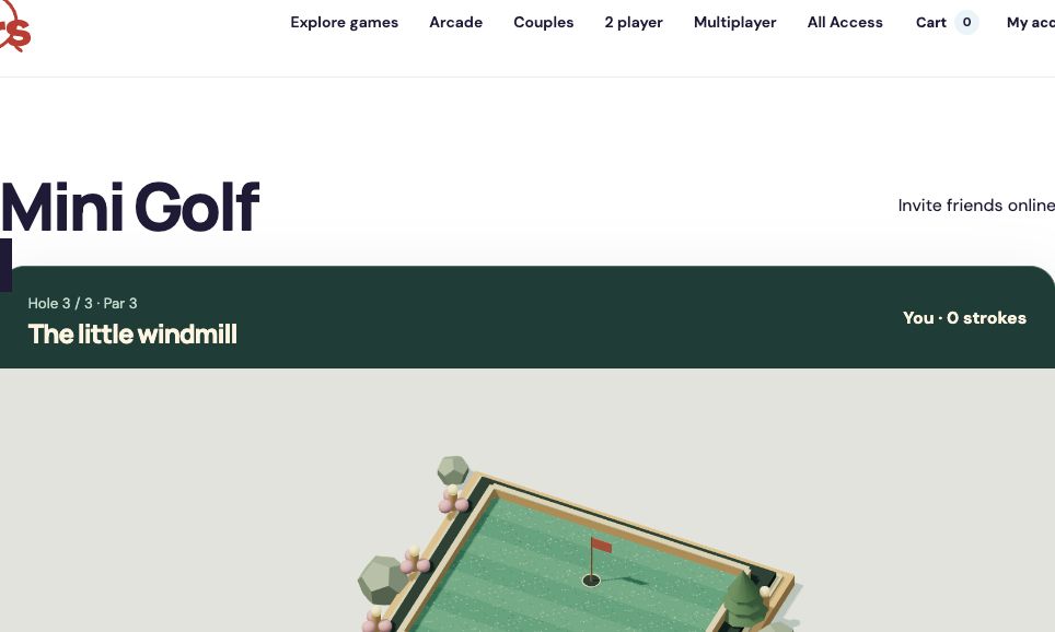 Three-dimensional garden putting green with a windmill, striped lawn and flag