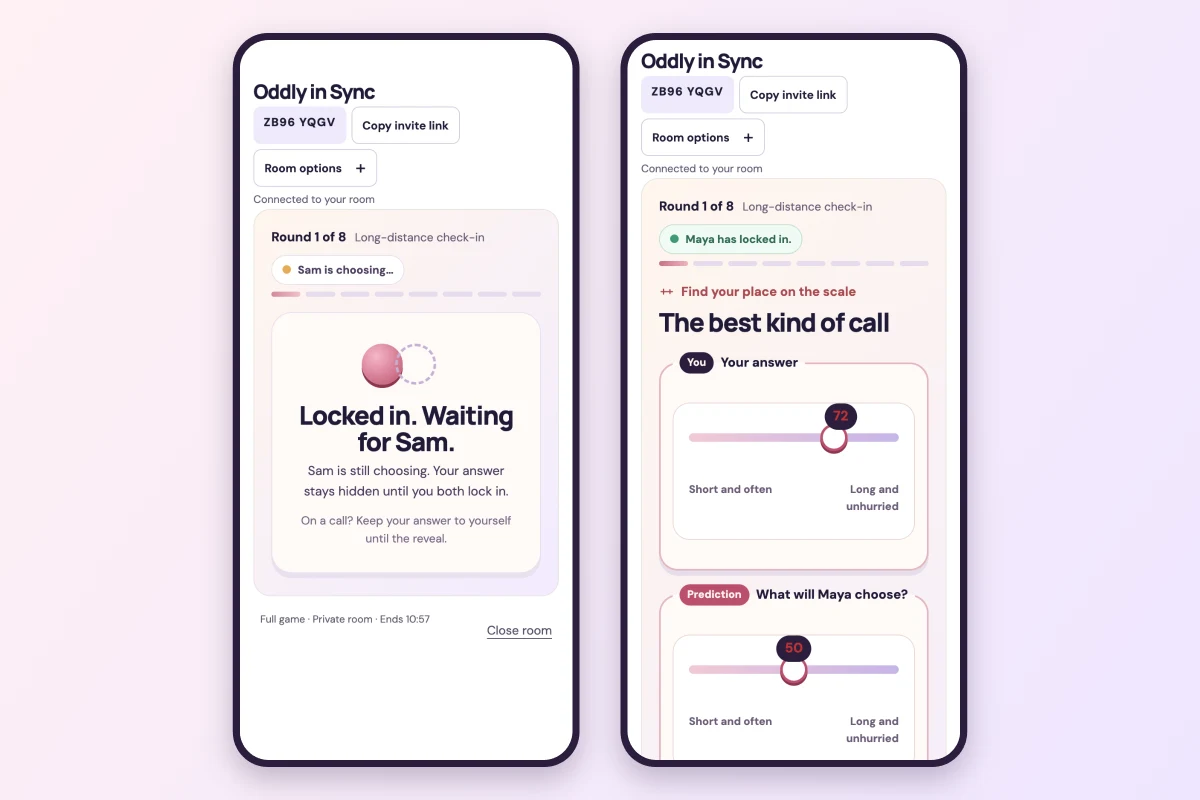 Two phones on a long-distance night: one player has locked in and is waiting, while the other is still placing their answer on a scale