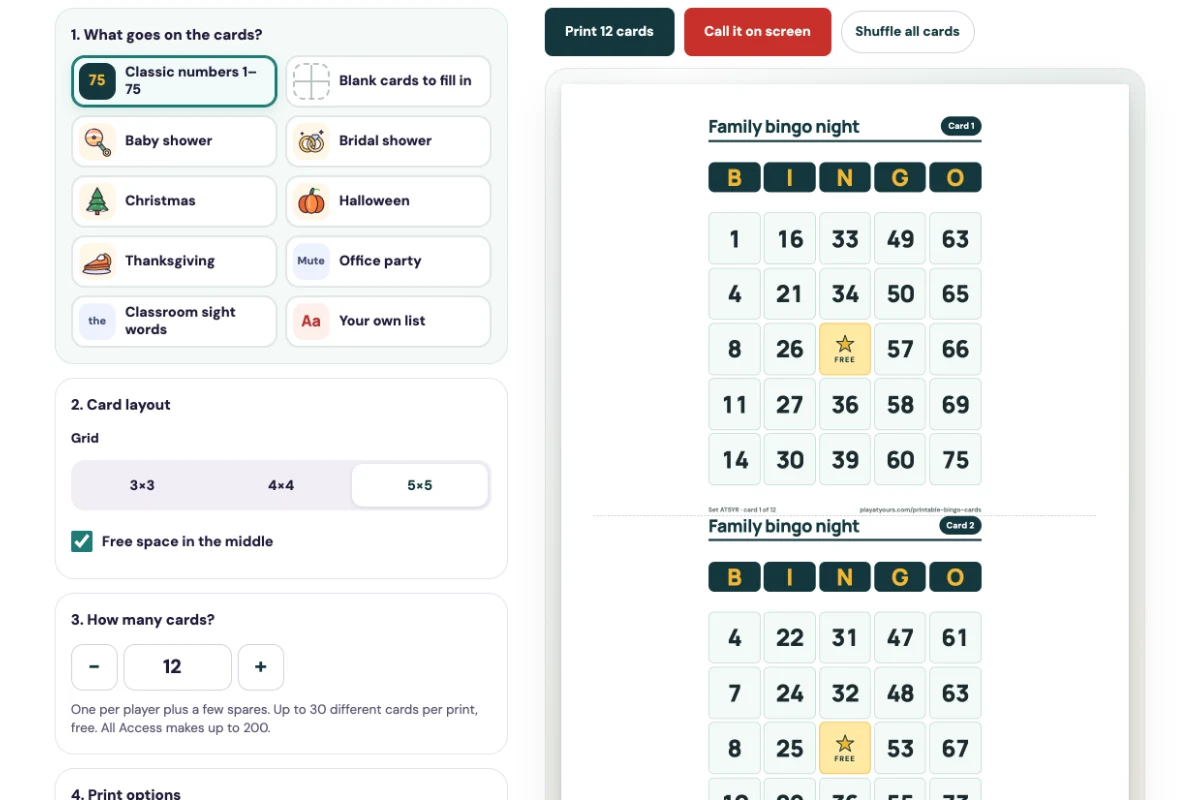 The bingo card maker: theme choices on the left and a live preview of two printed 5×5 number cards on the right